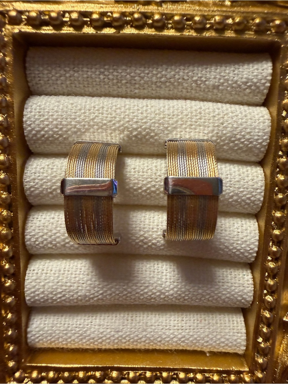 Vintage 14k Yellow & White Gold mesh half hoops.